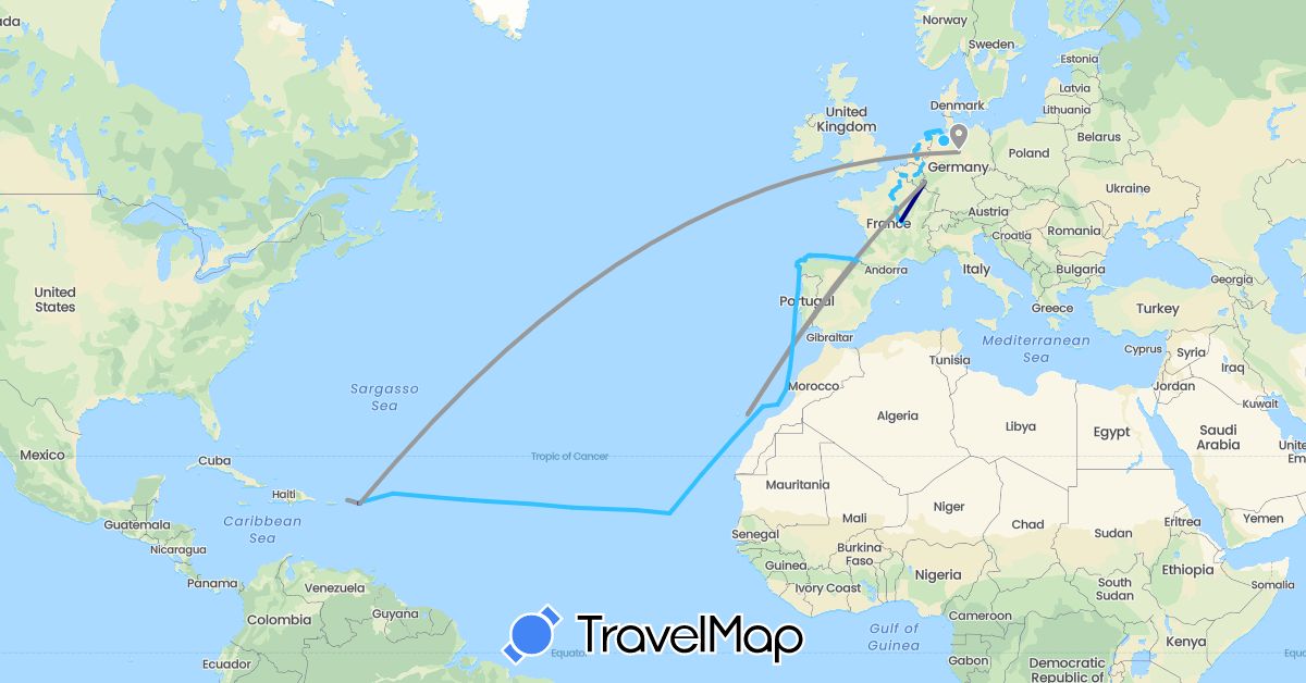 TravelMap itinerary: driving, bus, plane, boat in Anguilla, Belgium, Cape Verde, Germany, Spain, France, Netherlands, Portugal, British Virgin Islands (Africa, Europe, North America)